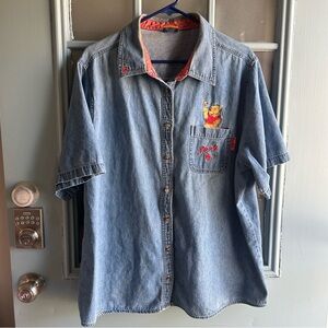 Vintage Disney Winnie the Pooh Embroidered Denim Button Down Collared Shirt L/XL